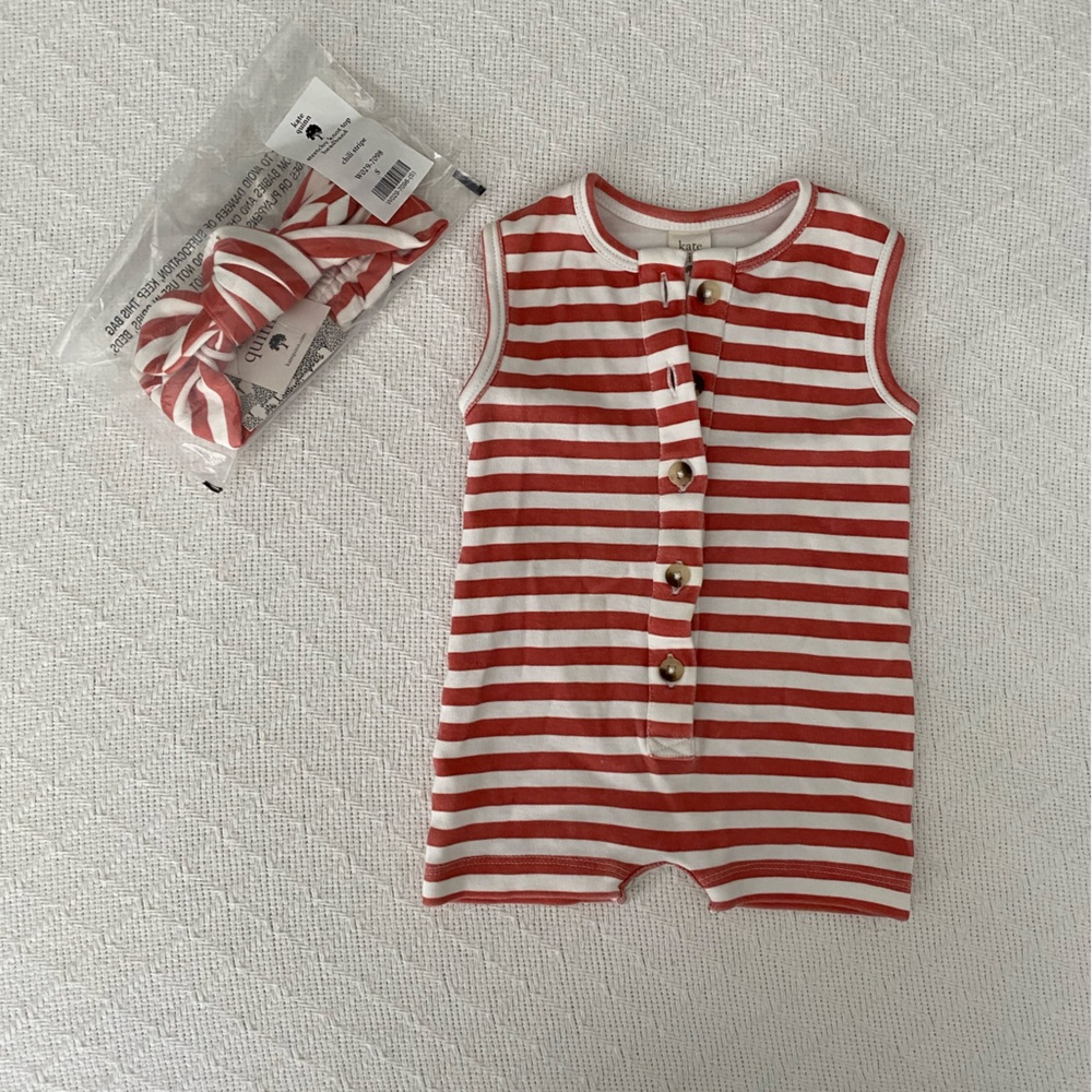 Kate Quinn Unisex 0-3M Chili Stripe Button Down Romper with Matching Bow EUC